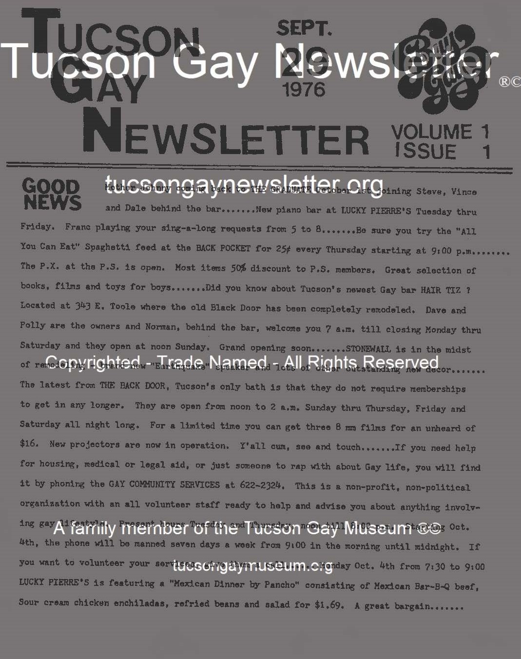 Tucson Gay Newsletter Copyrighted First issue Photo 